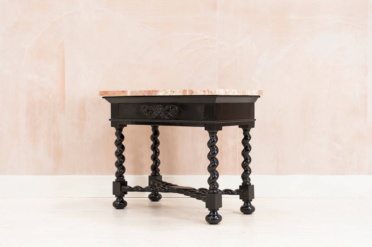 Dutch Ebony Console Table with Single Draw and Breccia Aurora Manilla Marble Top