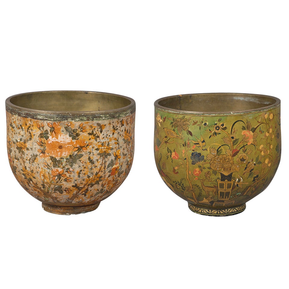 Two Kashmiri papier mache jardinieres, both brass lined, late 19th century