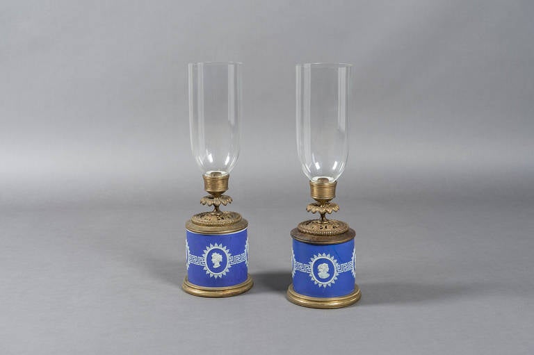 A pair of Jasperware and brass mounted lamps, circa 1840