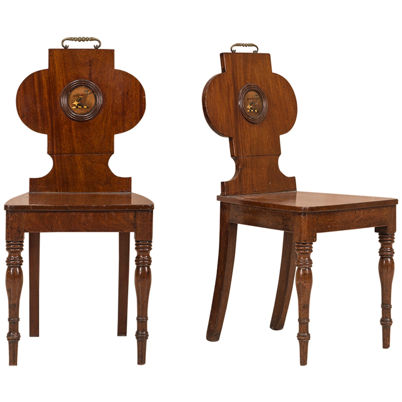 Pair of George III Mahogany Hall Chairs with Brass Handles For Sale
