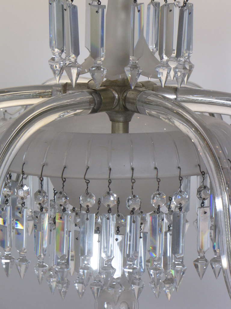 19th Century 6 Arm Frosted Crystal Gasolier In Excellent Condition For Sale In Chestnut Hill, MA