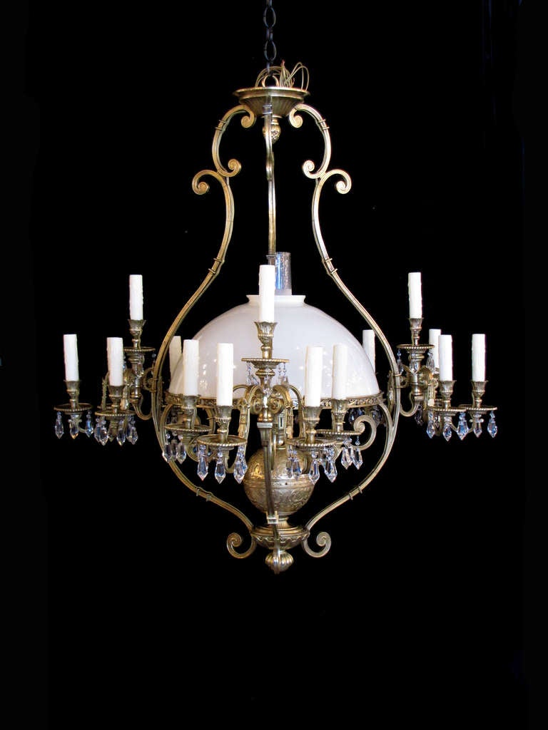 French Oil and Candle Brass and Crystal Billiard Light