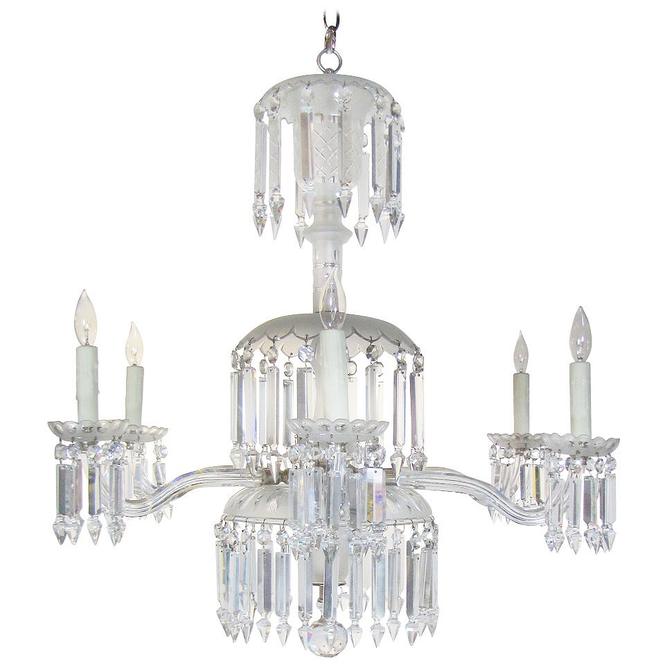 6 Arm 19th Century Frosted Crystal Gasolier For Sale