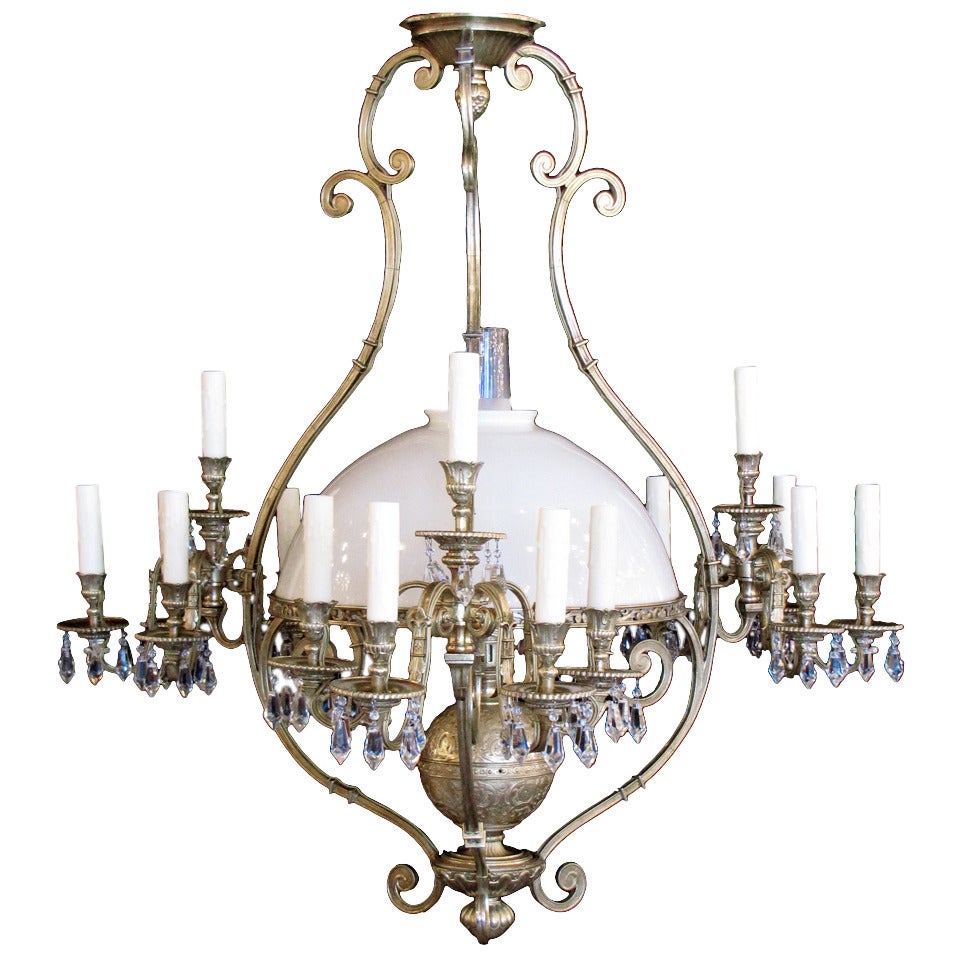 French Oil and Candle Brass and Crystal Billiard Light For Sale