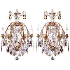 Pair of Small French Bronze and Crystal Chandeliers