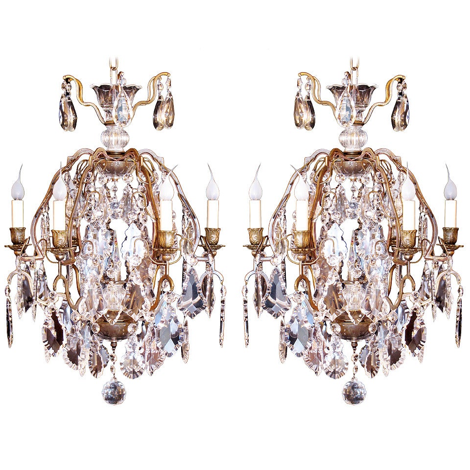 Pair of Small French Bronze and Crystal Chandeliers For Sale