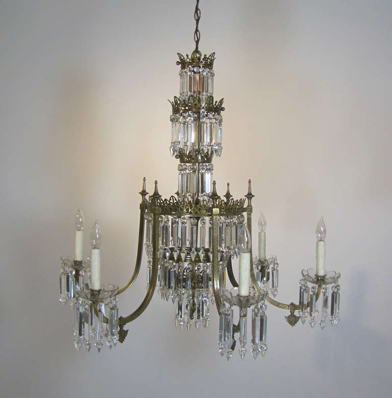 This pair of Regency style chandeliers were originally in one of the townhouses in historic Louisburg Sq in Boston's Beacon Hill. In the 19th century Louisburg square was home to Atlantic Monthly editor William Dean Howells, architect Charles