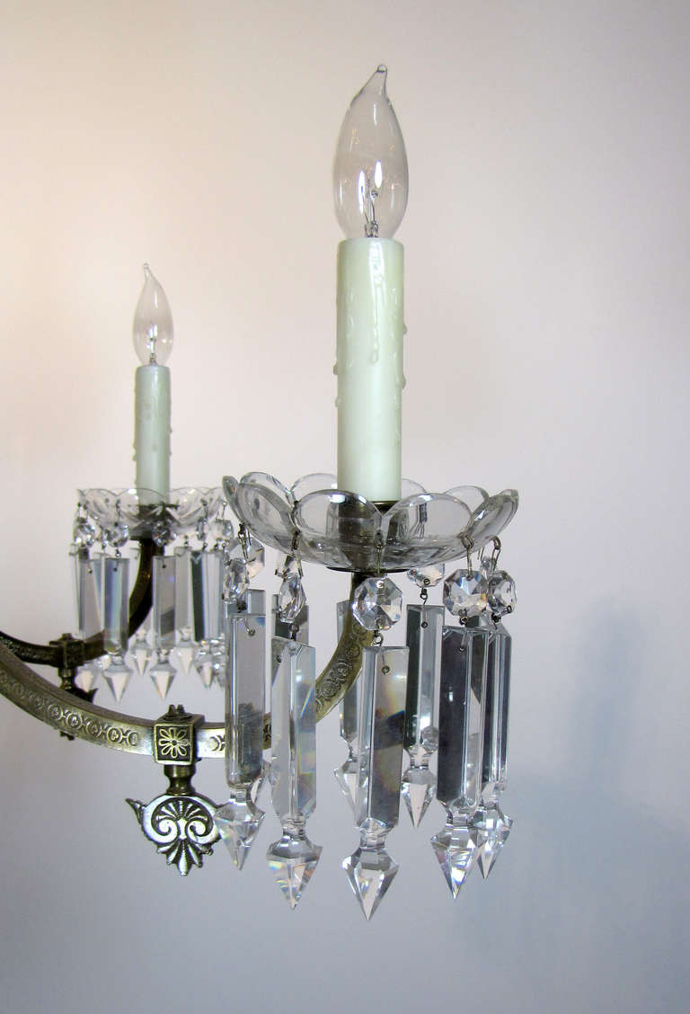 Pair of Regency Six-Arm Brass and Crystal Chandeliers For Sale 1