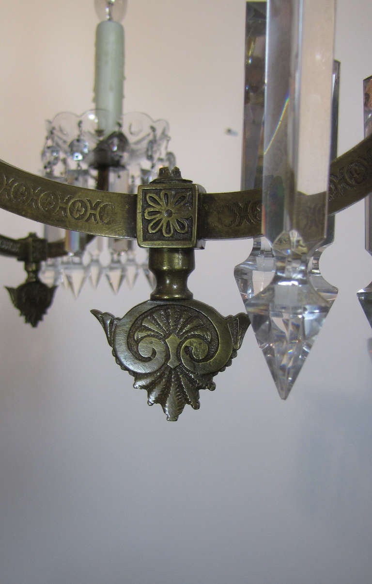 Pair of Regency Six-Arm Brass and Crystal Chandeliers For Sale 2