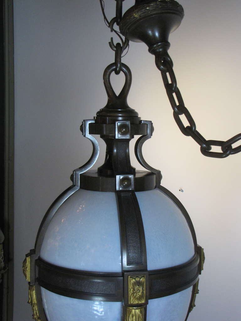 20th Century Federal Style Exterior/interior Bronze And Glass Pendant Light For Sale
