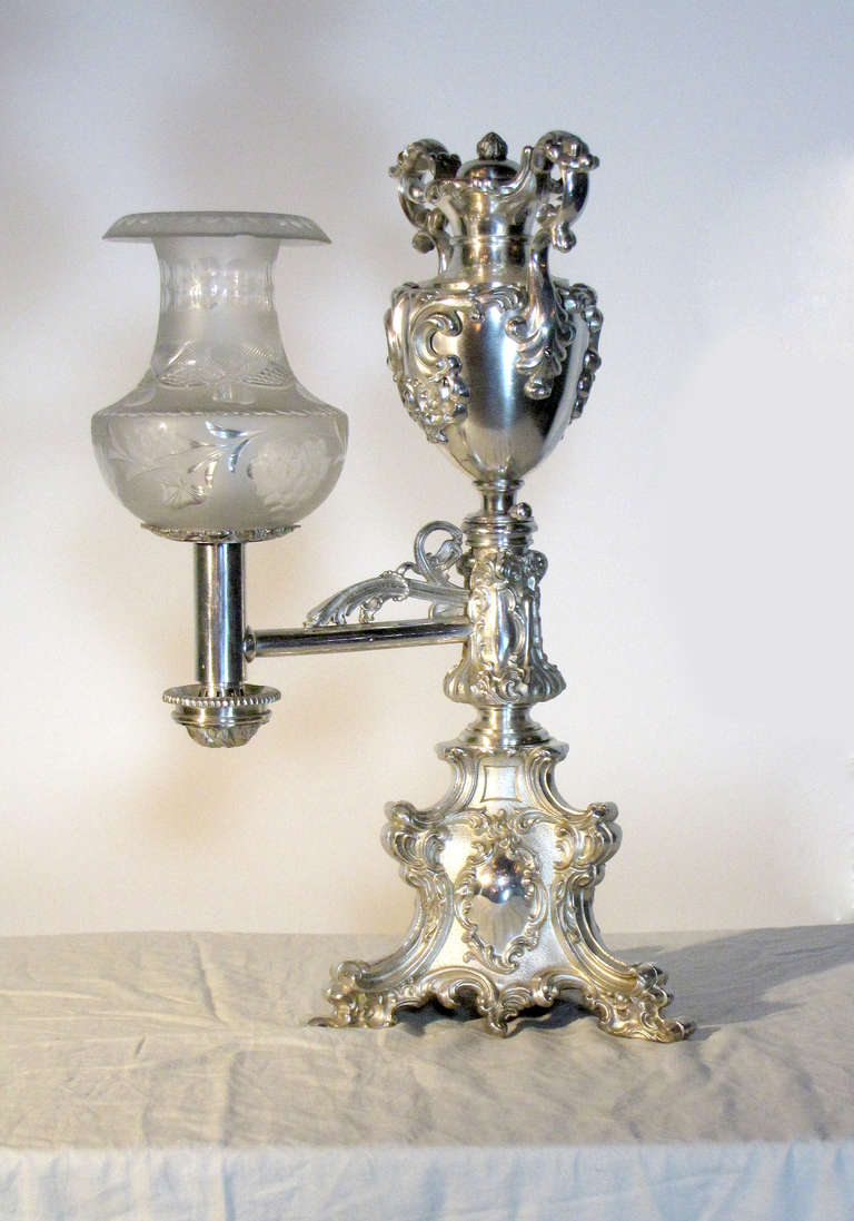 A Unique Rococo Revival Silver Argand Lamp