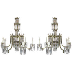 Antique Pair of Regency Six-Arm Brass and Crystal Chandeliers