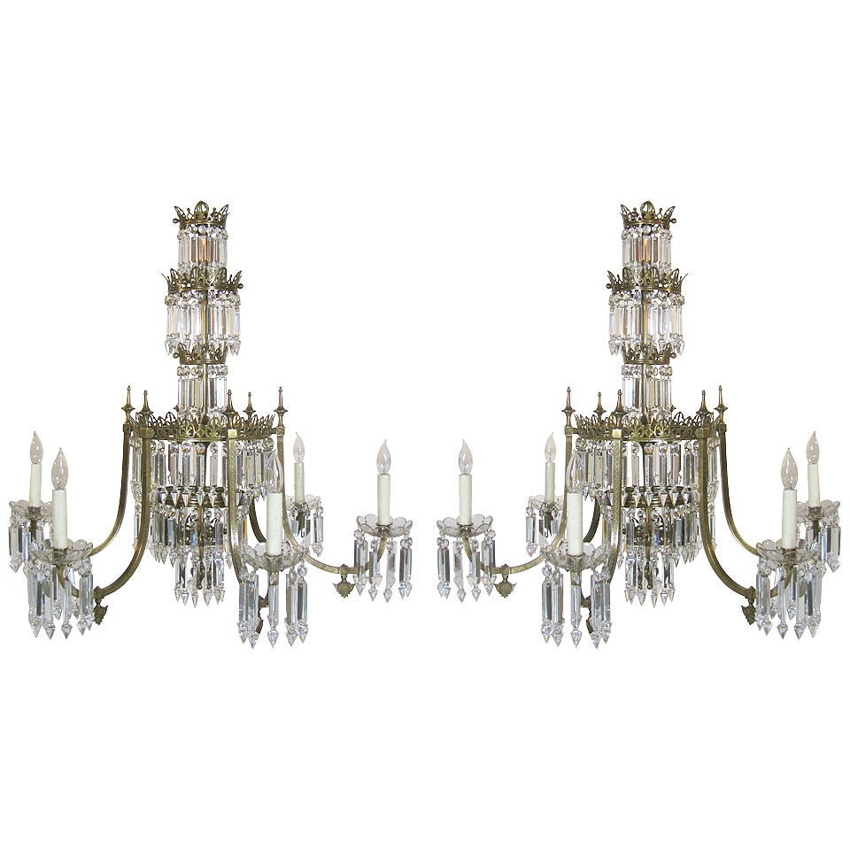 Pair of Regency Six-Arm Brass and Crystal Chandeliers For Sale