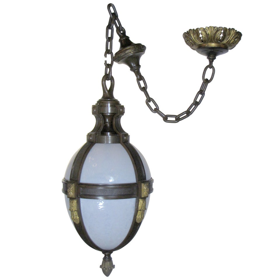 Federal Style Exterior/interior Bronze And Glass Pendant Light For Sale