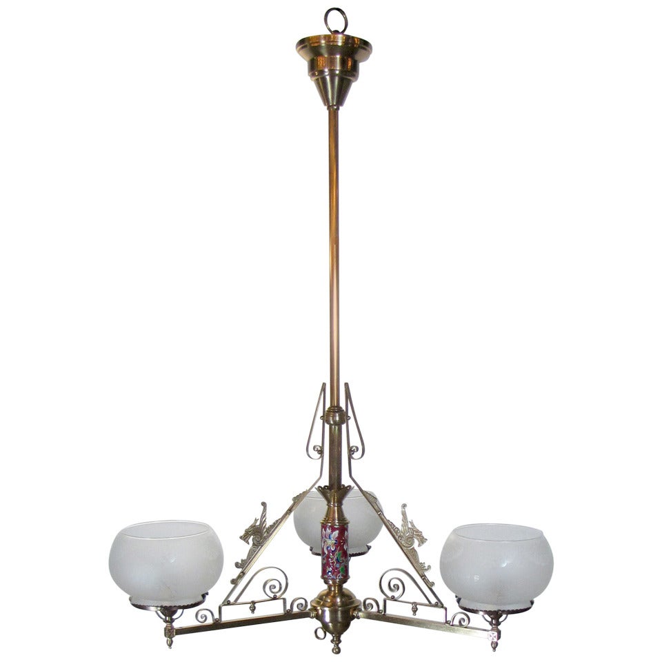Three Light Aesthetic Movement Chandelier with Longwy Stem For Sale