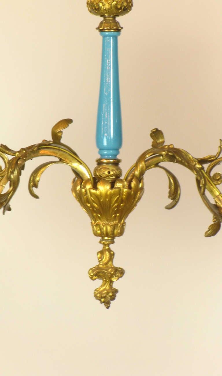 Louis XV Two Light French Gilt Bronze and Azure Glass Billiard Light