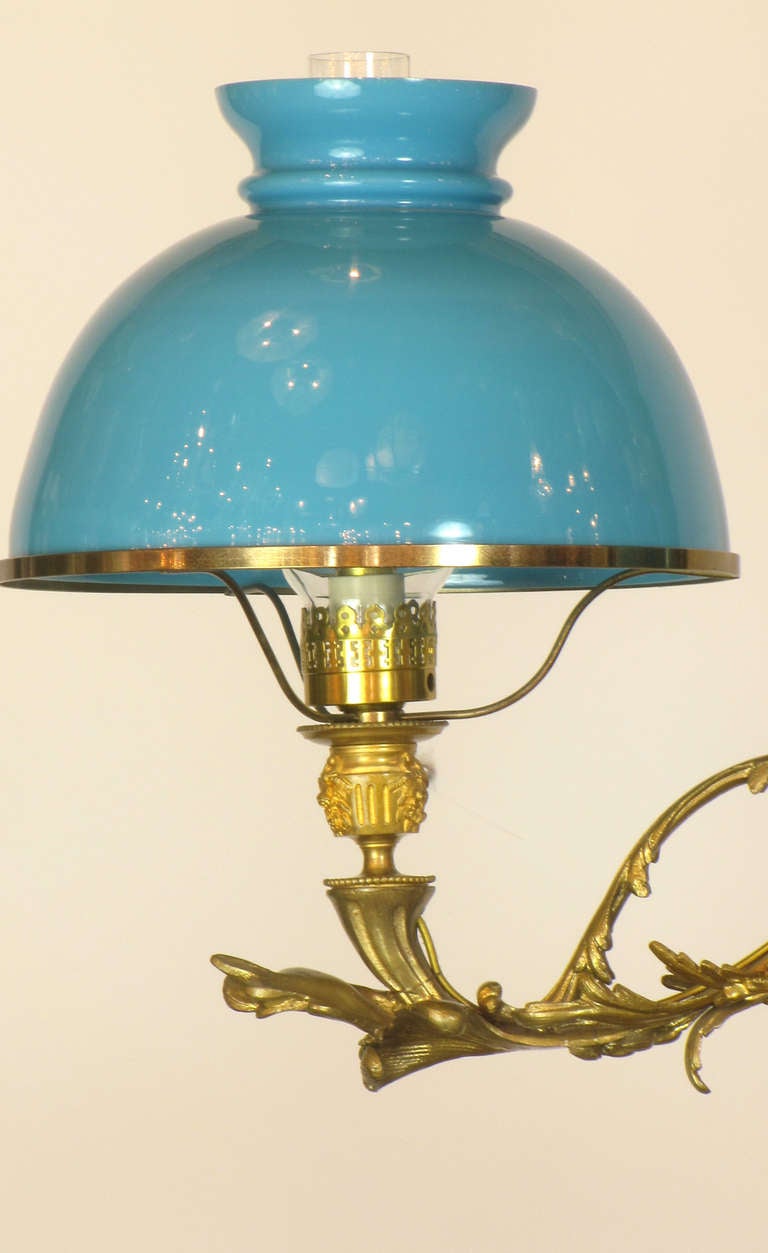 Two Light French Gilt Bronze and Azure Glass Billiard Light In Excellent Condition In Chestnut Hill, MA