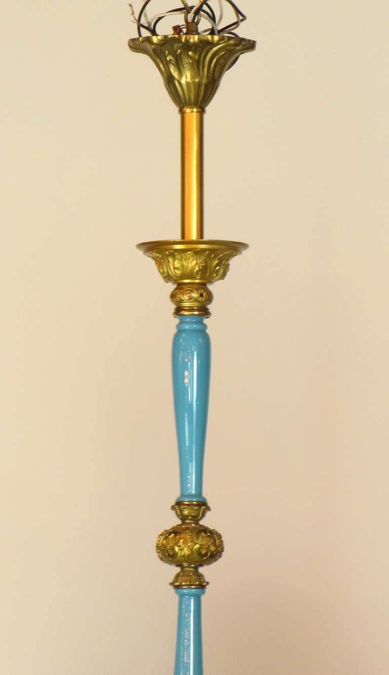 19th Century Two Light French Gilt Bronze and Azure Glass Billiard Light