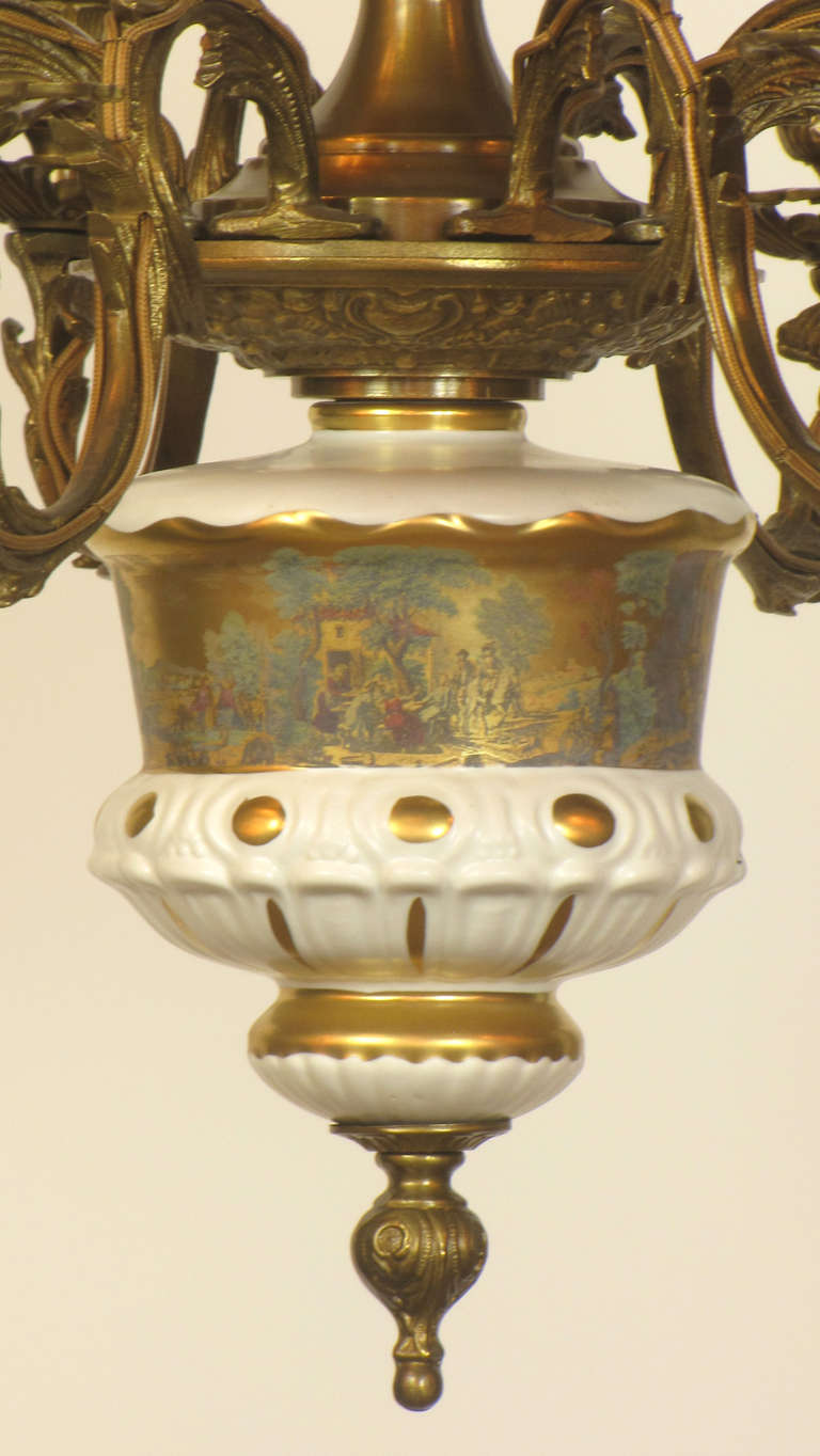 French Limoges Porcelain and Bronze Chandelier For Sale 1