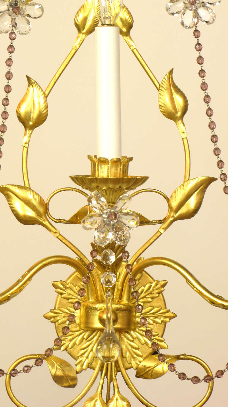 Country Set of Three Large Gilt Metal Sconces with Clear and Amethyst Crystals For Sale