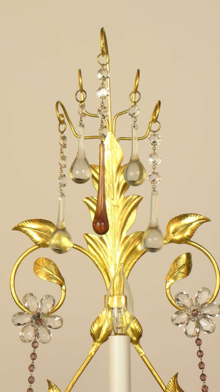 American Set of Three Large Gilt Metal Sconces with Clear and Amethyst Crystals For Sale