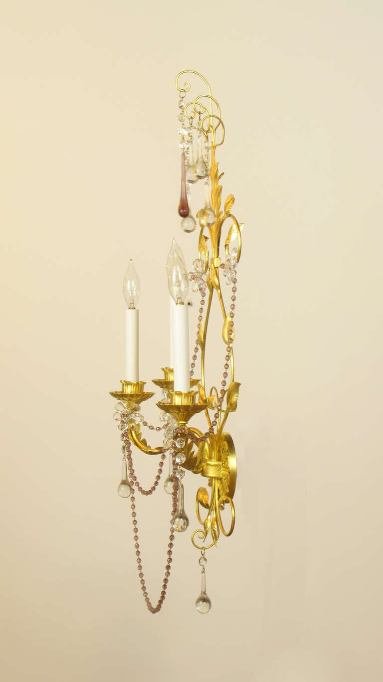 20th Century Set of Three Large Gilt Metal Sconces with Clear and Amethyst Crystals For Sale
