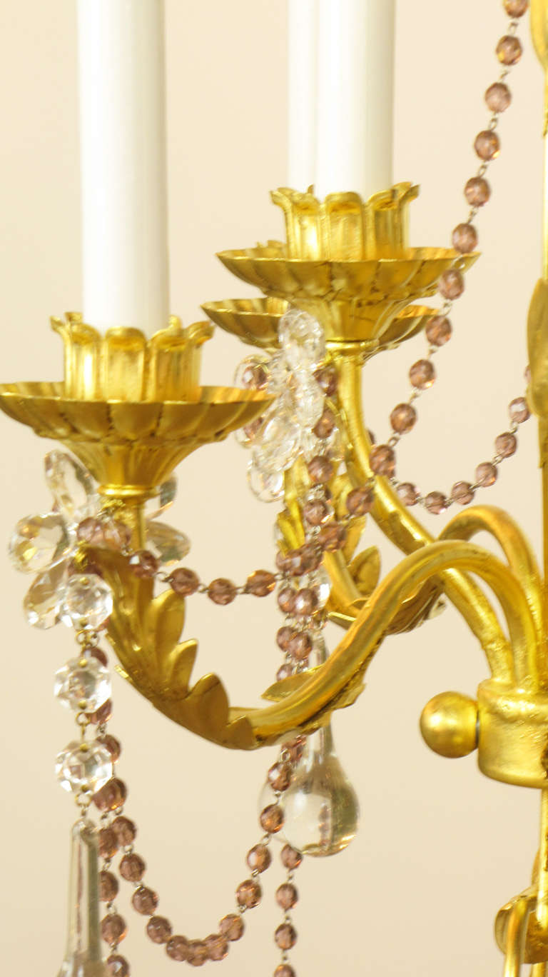 Set of Three Large Gilt Metal Sconces with Clear and Amethyst Crystals For Sale 1