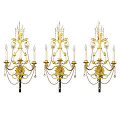 Set of Three Large Gilt Metal Sconces with Clear and Amethyst Crystals