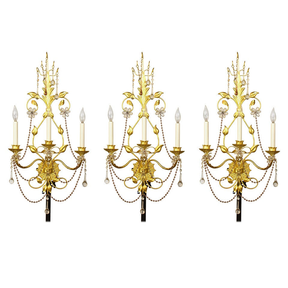 Set of Three Large Gilt Metal Sconces with Clear and Amethyst Crystals For Sale
