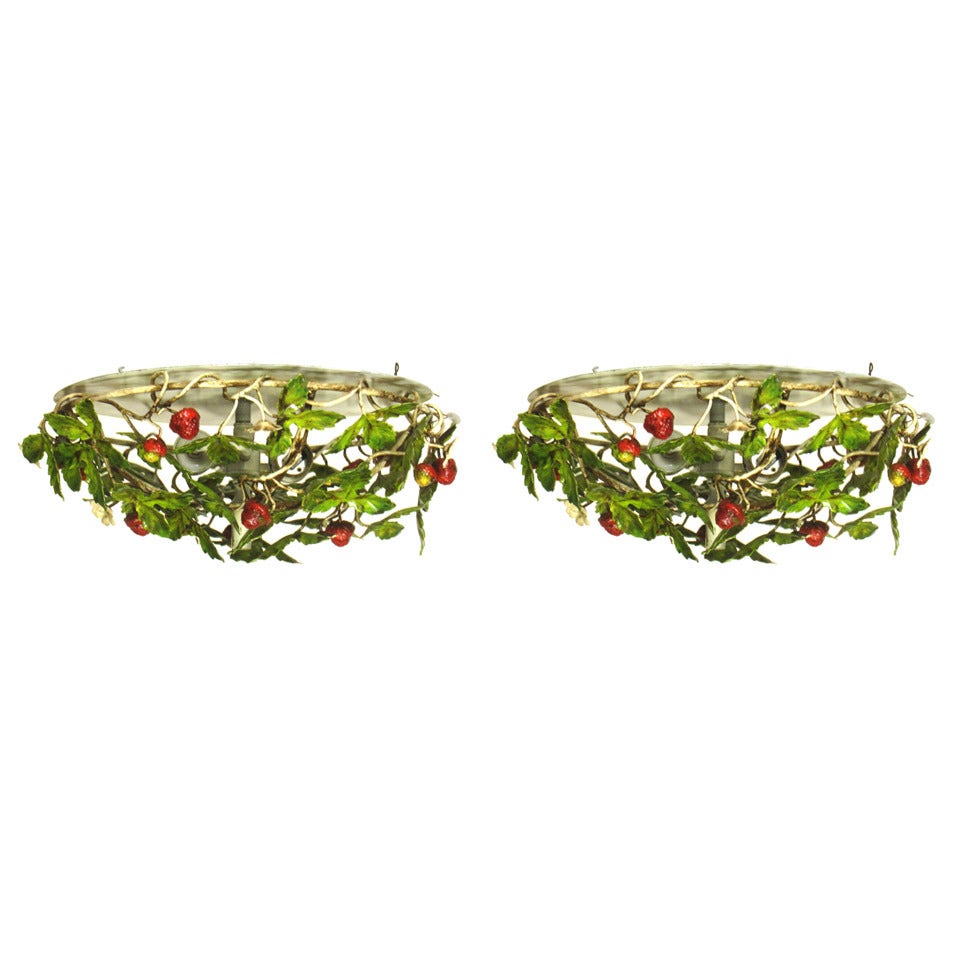 Pair of Wild Strawberry Tole Flush Mount Fixtures For Sale