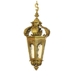 Antique Bronze And Glass Foliate Lantern