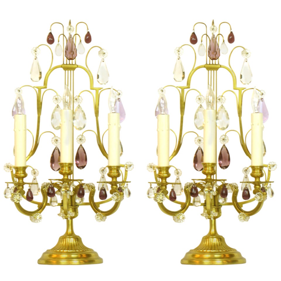 Pair of Lyre Back Crystal Candelabra For Sale