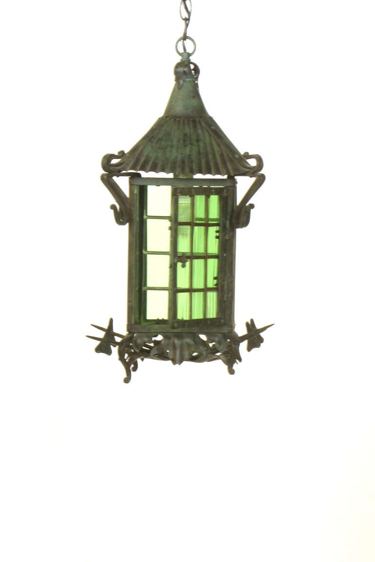Arts & Crafts Green Glass Lantern In Excellent Condition For Sale In Chestnut Hill, MA
