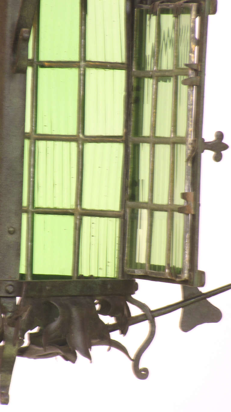 20th Century Arts & Crafts Green Glass Lantern For Sale