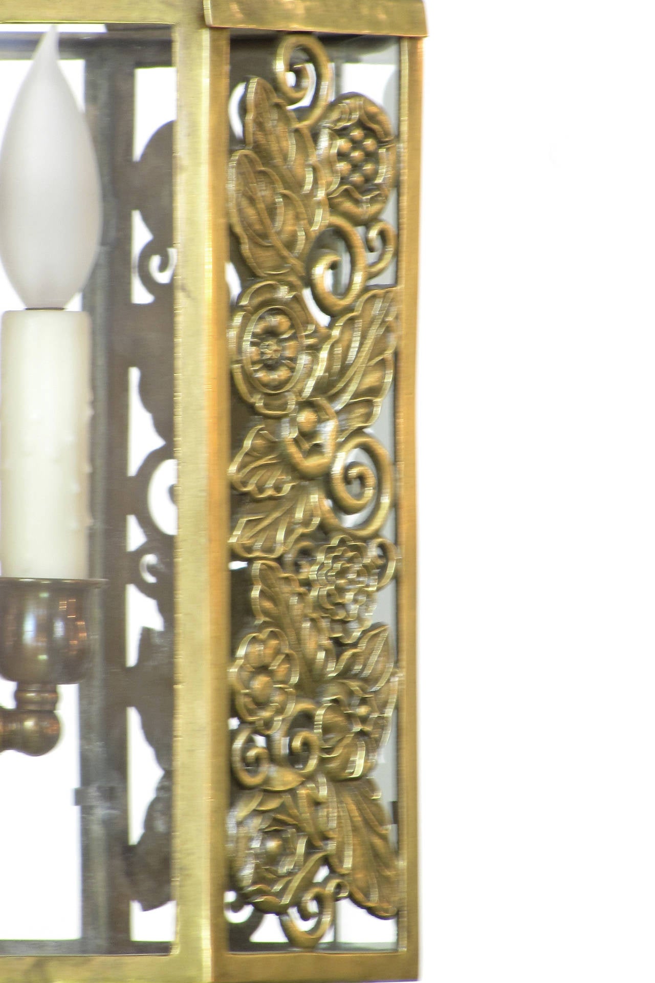 Art Deco Brass Lantern with Cast Floral Design For Sale