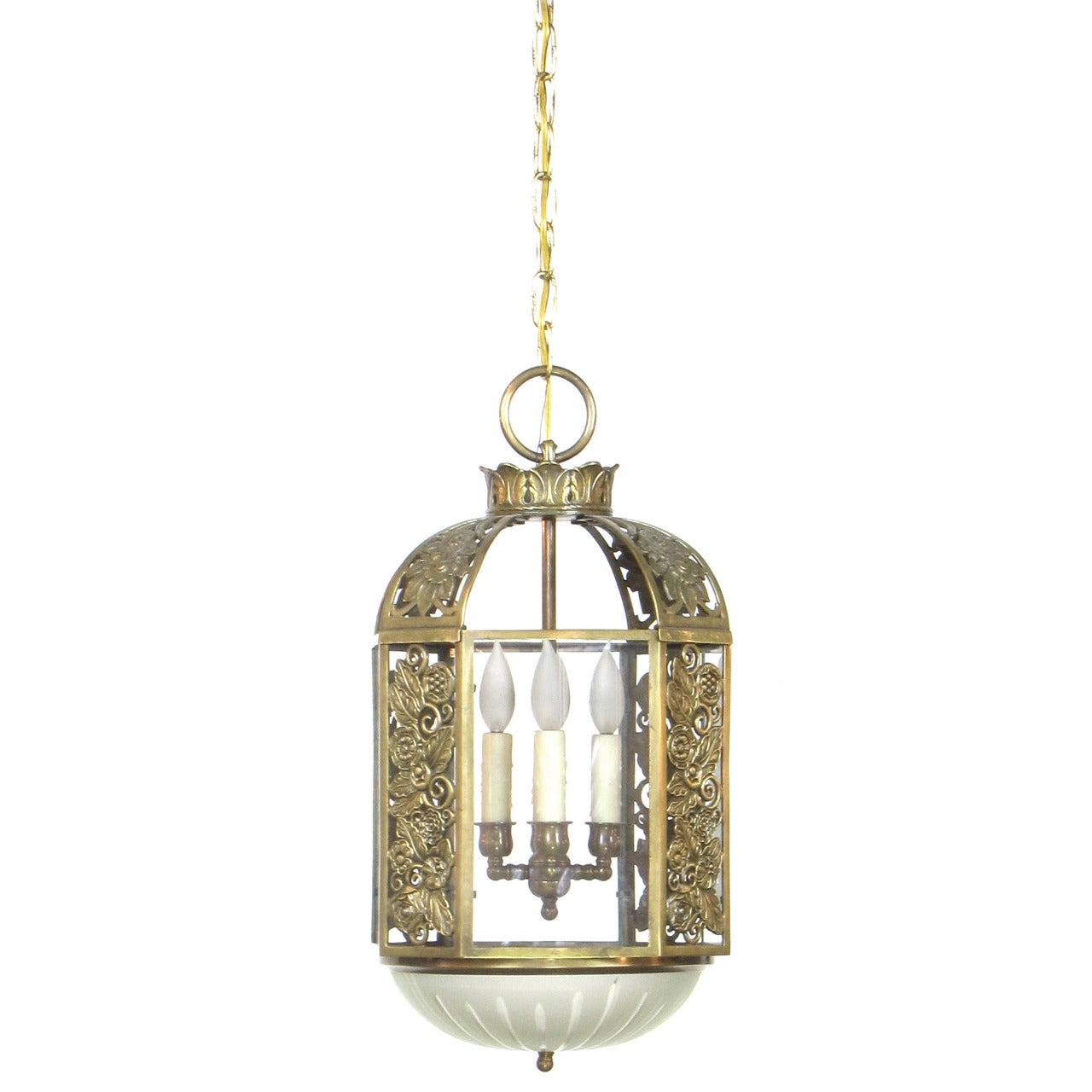 Brass Lantern with Cast Floral Design For Sale