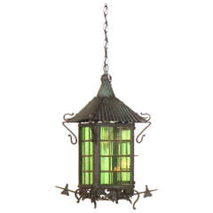 Antique Arts & Crafts Green Glass Lantern