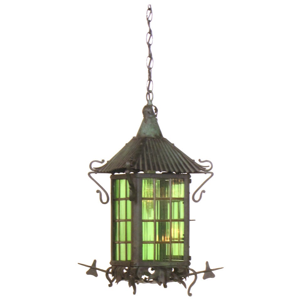 Arts & Crafts Green Glass Lantern For Sale