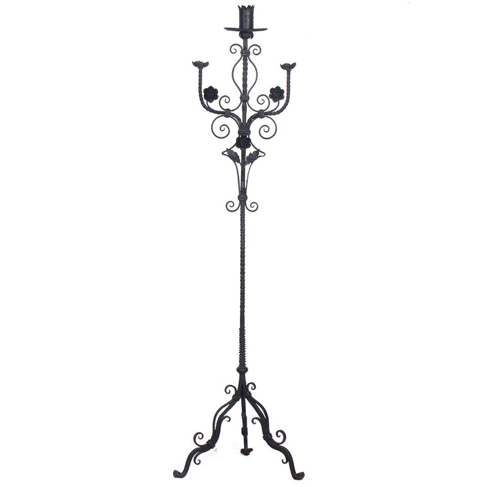 Ornate Wrought Iron Candelabra with Three Arms For Sale