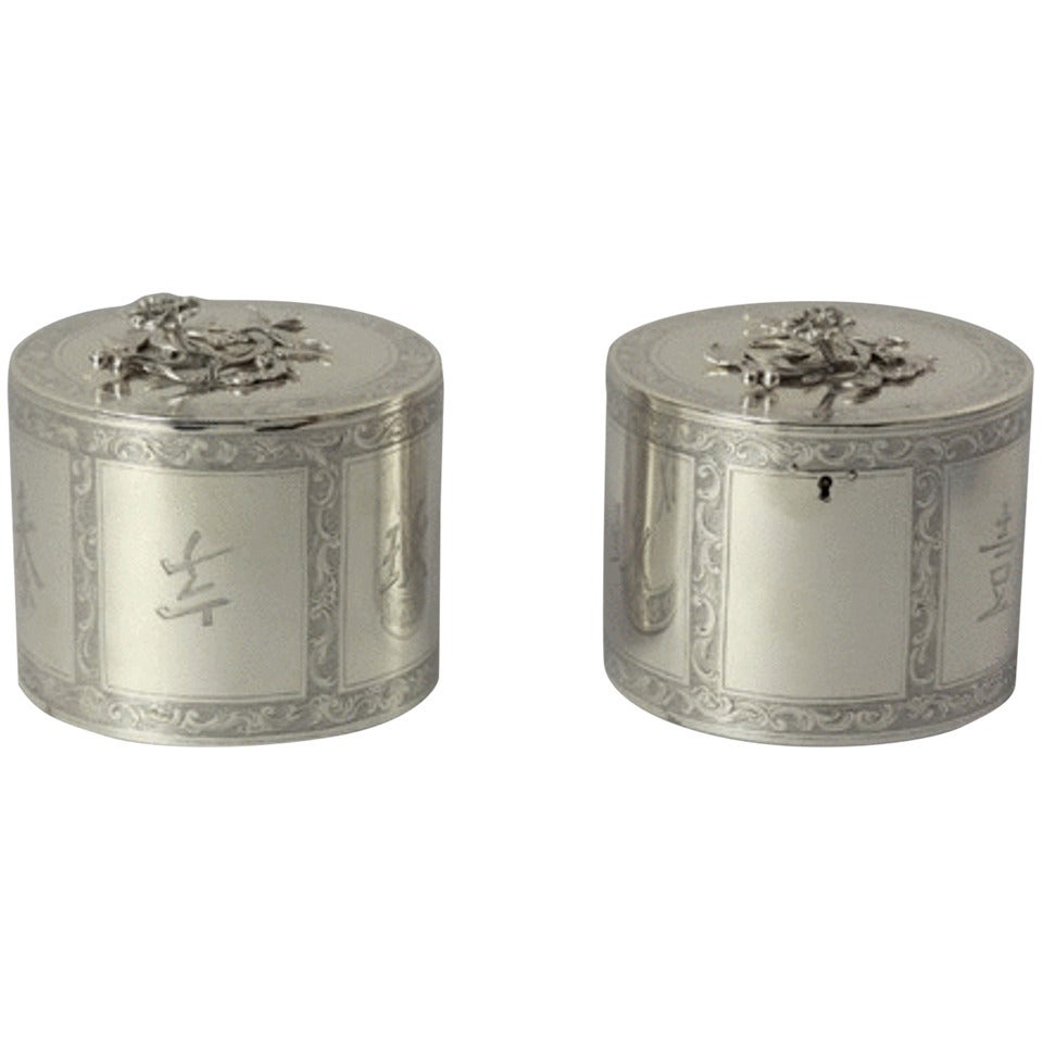 Chinoiserie Silver Tea Caddy and Sugar Box For Sale