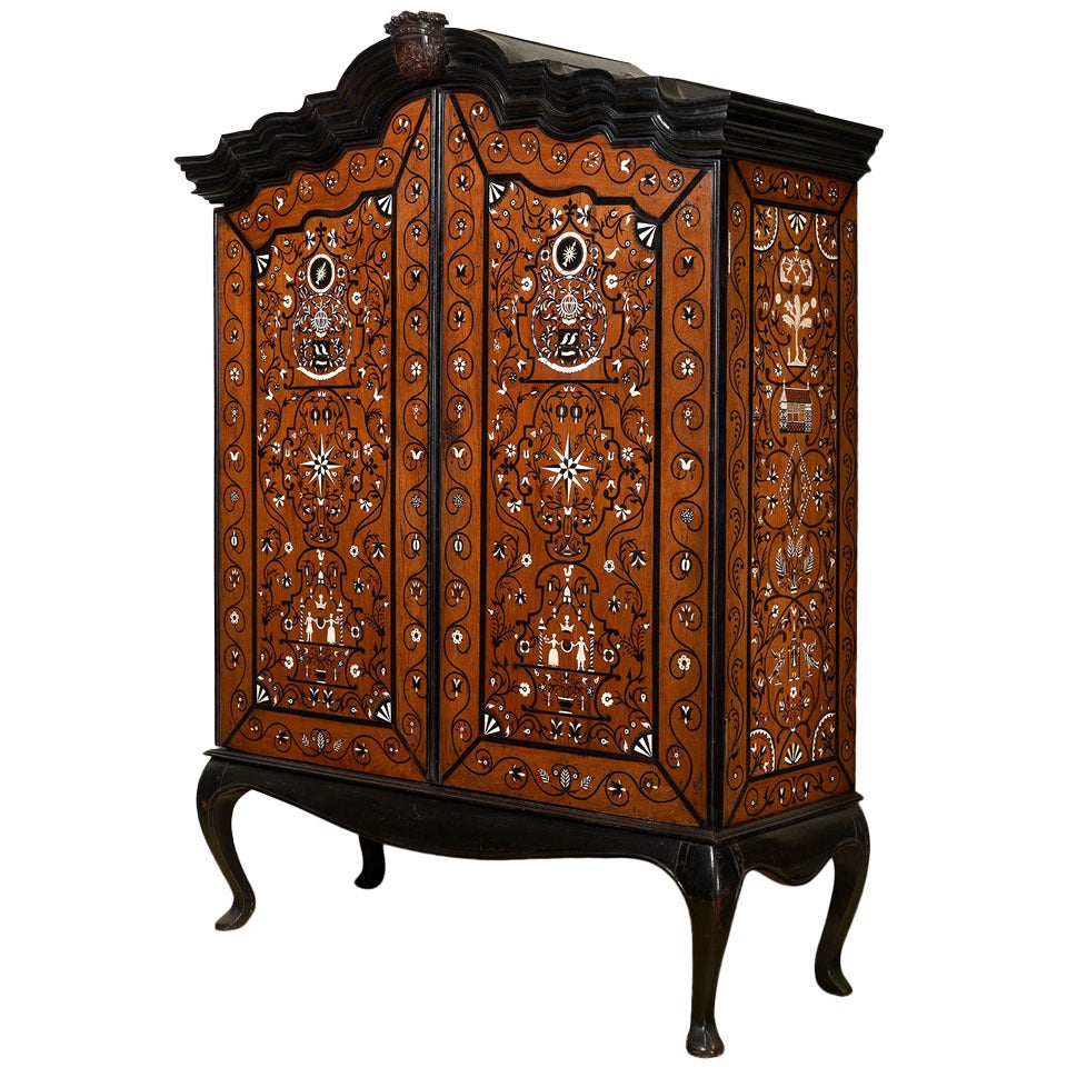 Very Rare Ceylonese Teak, Ebony And Ivory-inlaid Cabinet-on-stand For Sale