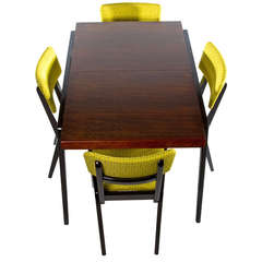 Retro Teak, Ebonized Draw Leaf Dining Table with Four Matching Chairs
