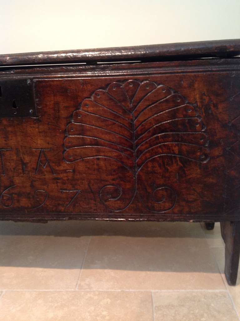 British Late 17th Century Elm Coffer or Blanket Box, Initialed and Dated 1697