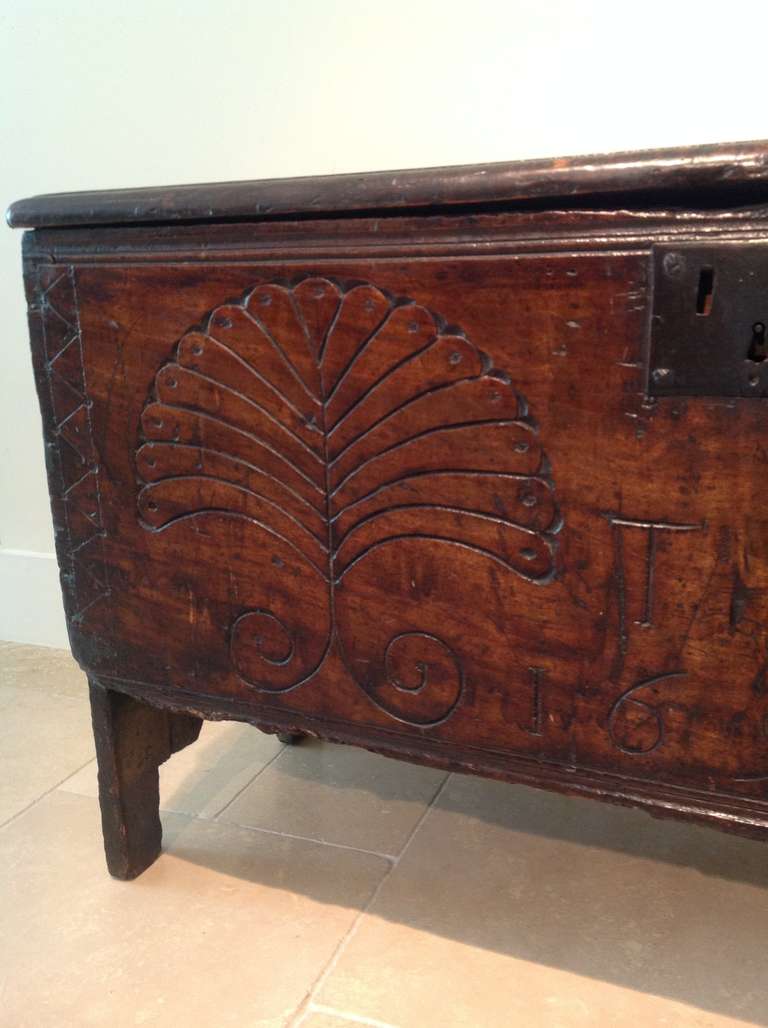 18th Century and Earlier Late 17th Century Elm Coffer or Blanket Box, Initialed and Dated 1697