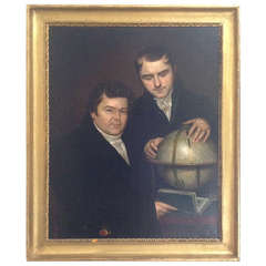 Mid 19th Century Portrait of Two Gentlemen Examining a Terrestrial Globe