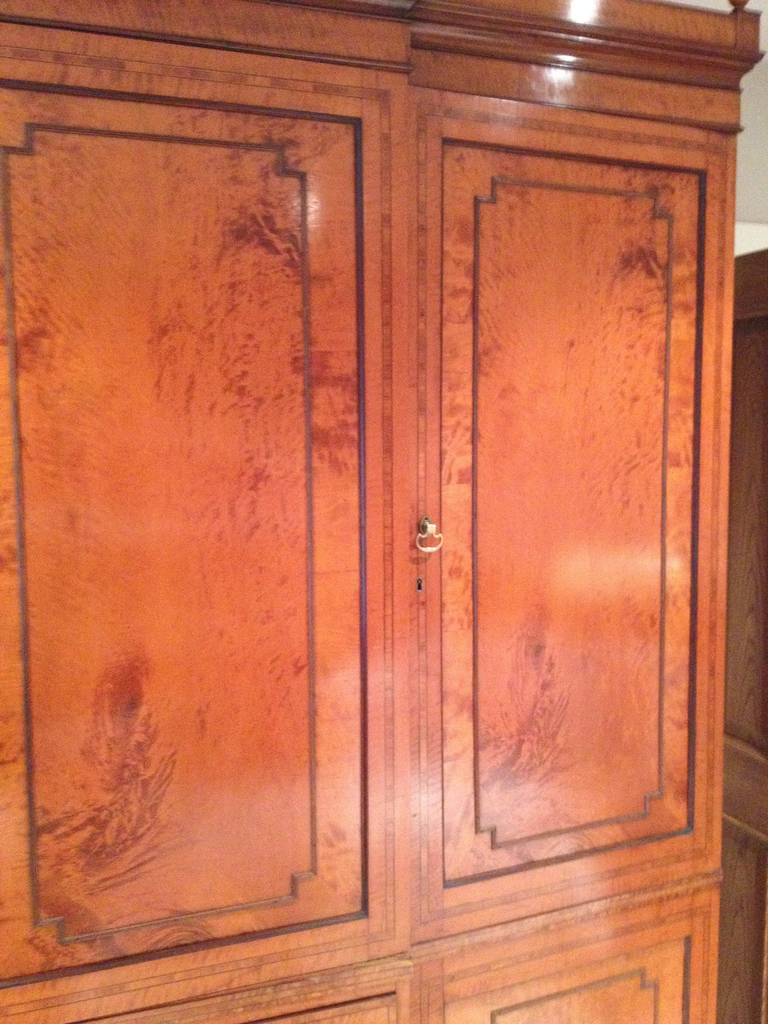 English George III Satinwood and Rosewood, Crossbanded Breakfront Wardrobe For Sale