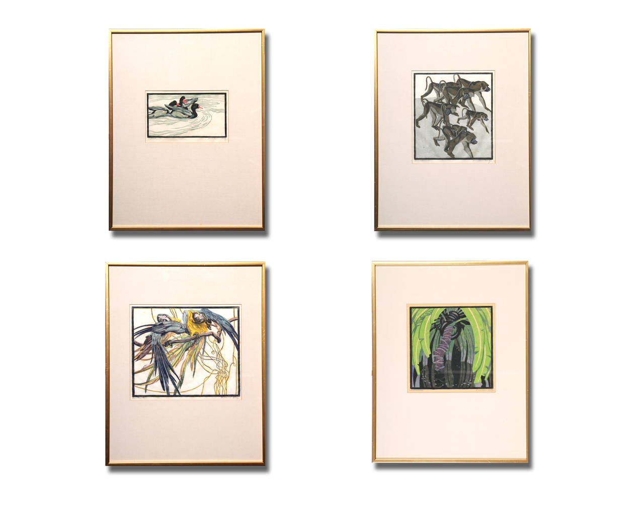 A set of four framed and glazed prints signed in pencil , depicting , ducks, parrots , elephant and monkeys Austrian painter and graphic artist, born 13.11.1891 in Graz, died 30.11.1978 in Graz

1901-1911, studies at the Austrian Art School in
