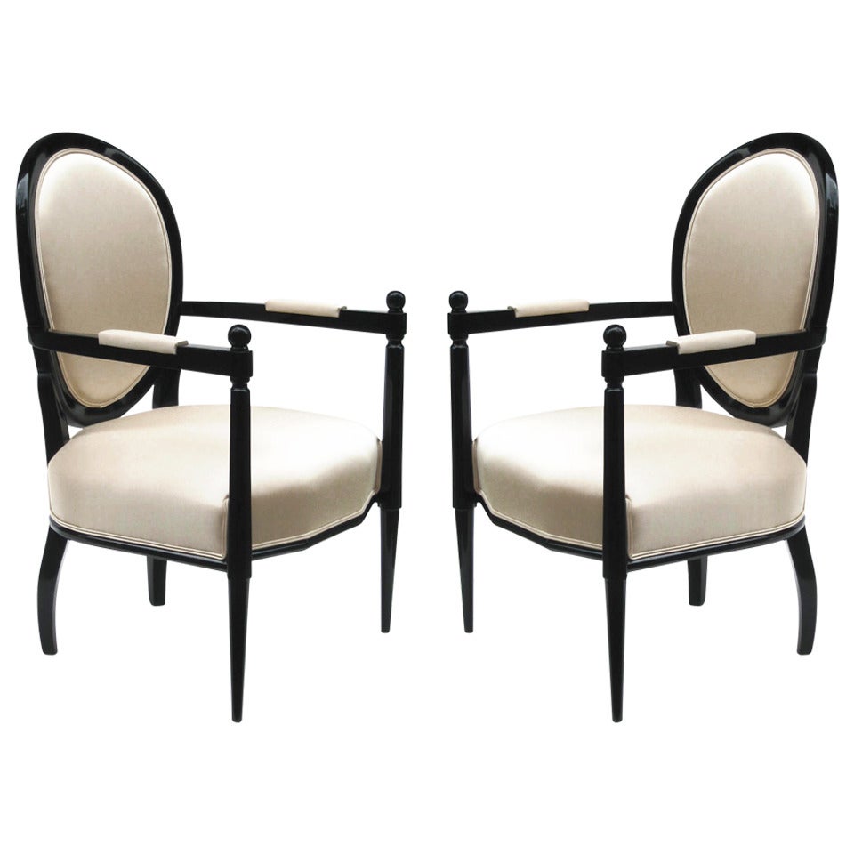 Pair of Ebonized Round Back Armchairs