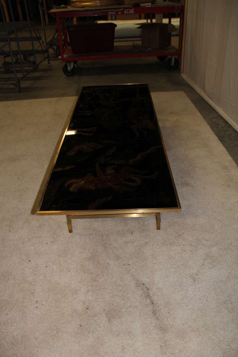 Vintage Brass Coffee Table with Painted Glass Top For Sale 2