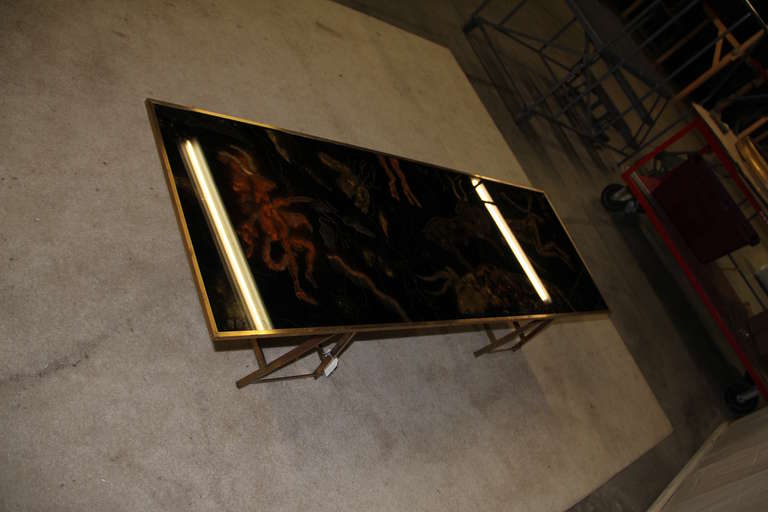 Vintage Brass Coffee Table with Painted Glass Top For Sale 3